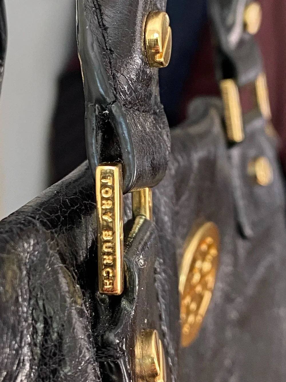 Tory Burch Black Leather Tote with Gold Emblem